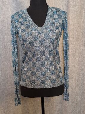 Vintage Yves Saint Laurent Teal and Gray Checkerboard V-Neck Metallic Sweater